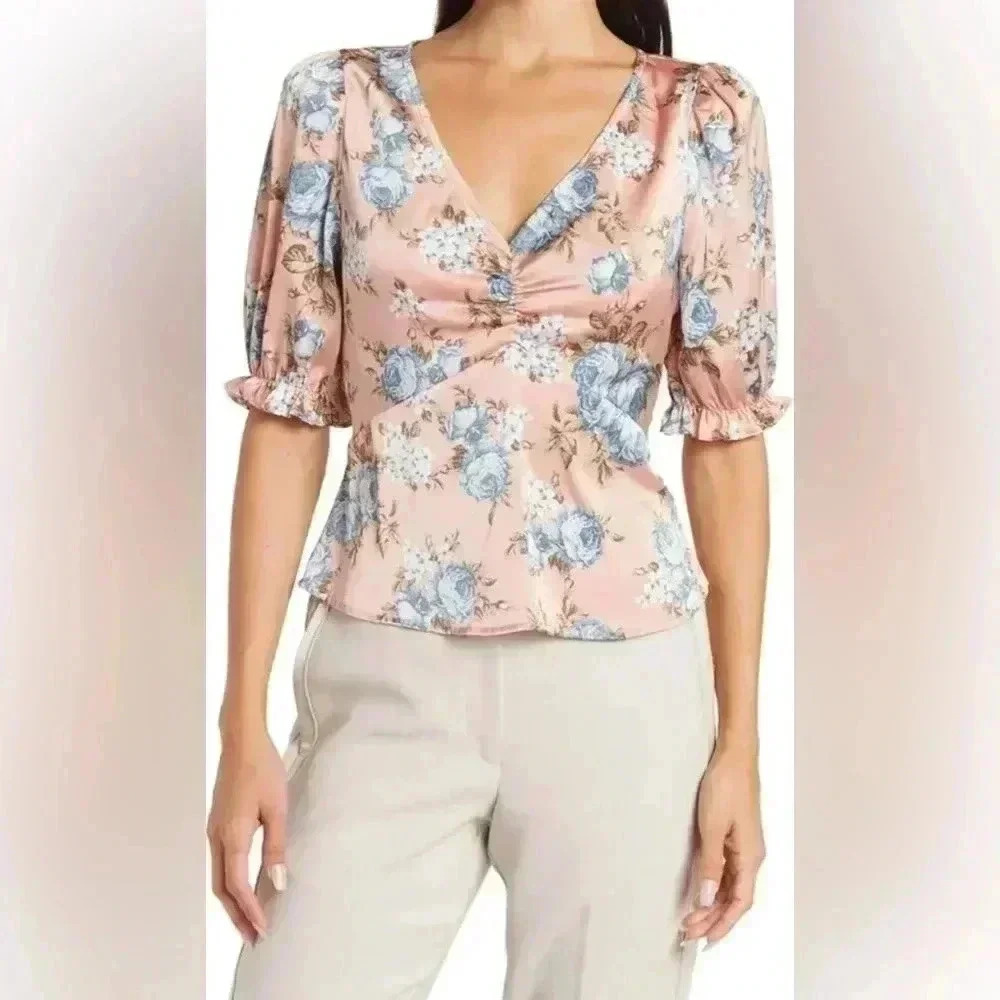 WAYF Puff Sleeve Floral Blouse Pink Blue Size XL